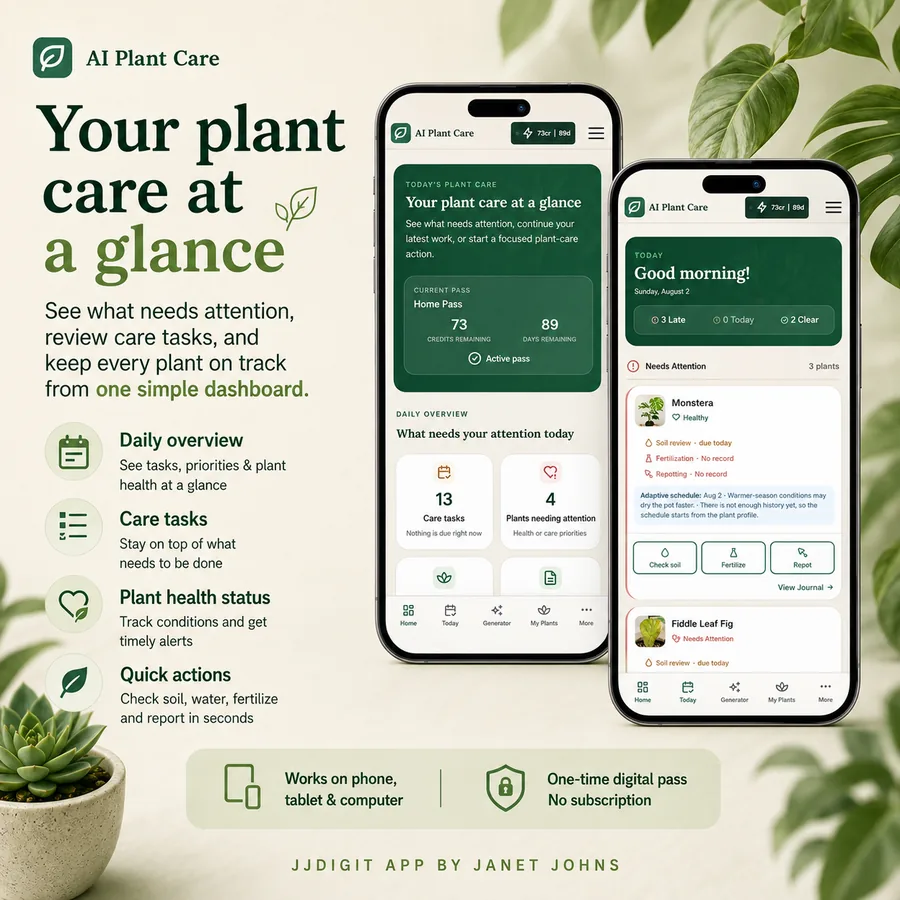 AI Plant Care dashboard with daily priorities and plant health status