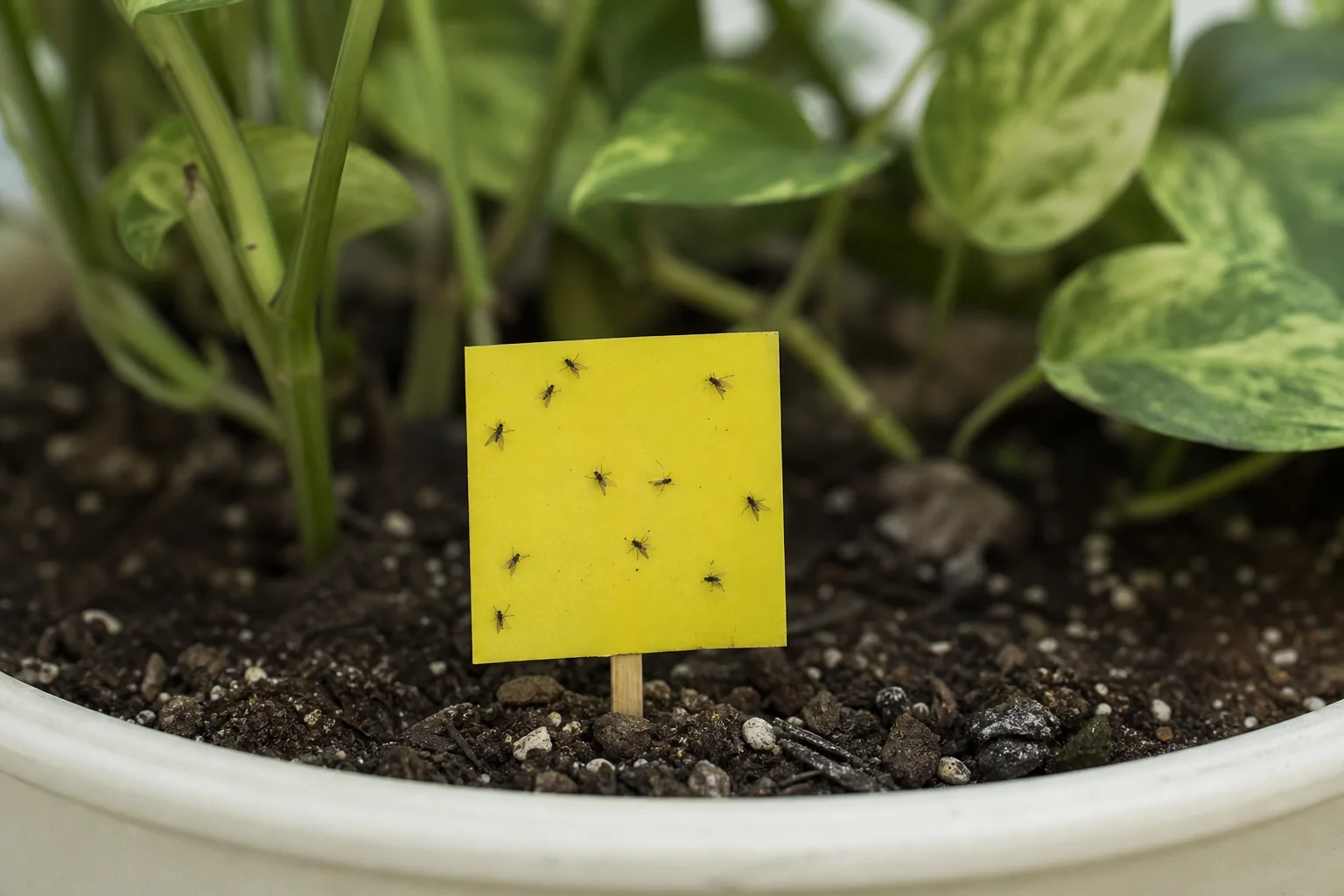 Yellow sticky trap on a short stake immediately above houseplant soil with several small dark fungus gnats attached