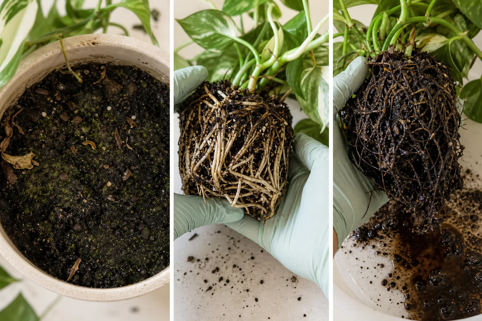 Three-part photo sequence showing persistently moist potting mix, firm healthy houseplant roots, and dark soft stressed roots
