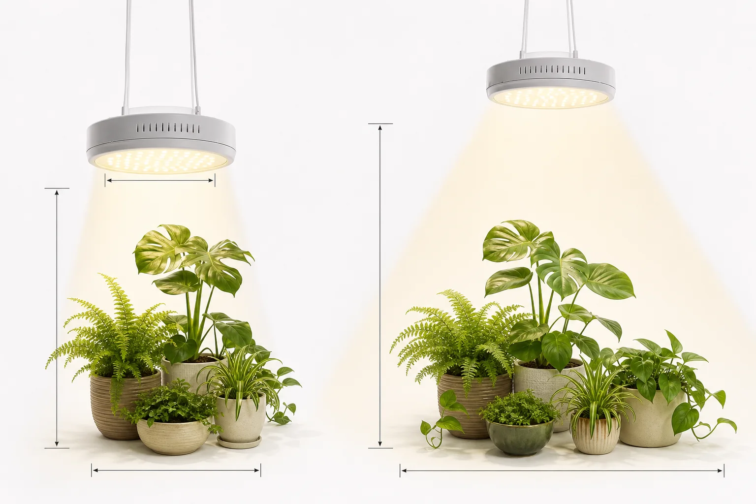 Overhead grow light shown at two heights, with a narrow intense footprint close to the plants and a wider softer footprint farther away