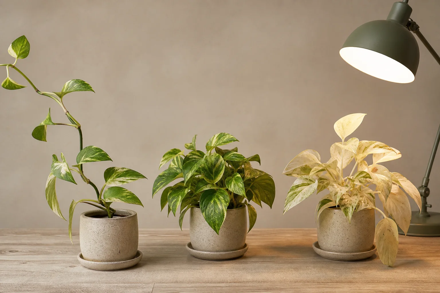 Three comparable houseplants showing elongated low-light growth, balanced compact growth, and pale light-stressed foliage