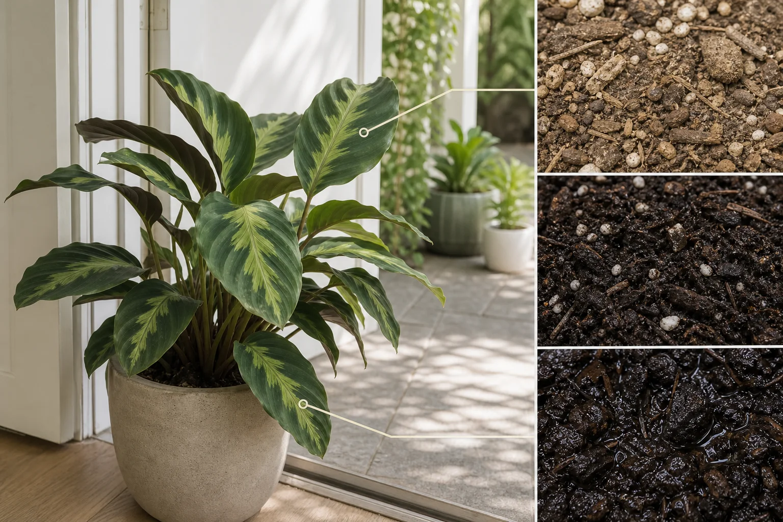Houseplant being checked after an outdoor move beside samples of dry, evenly moist, and waterlogged potting mix
