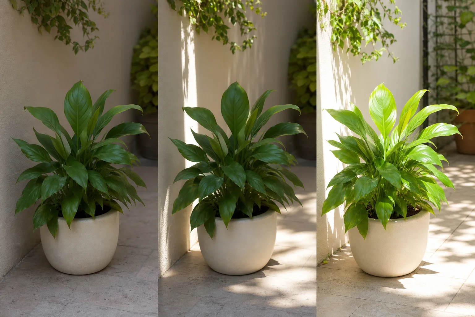 Three-stage houseplant acclimation sequence moving from sheltered shade to brief early morning sun and then longer morning exposure