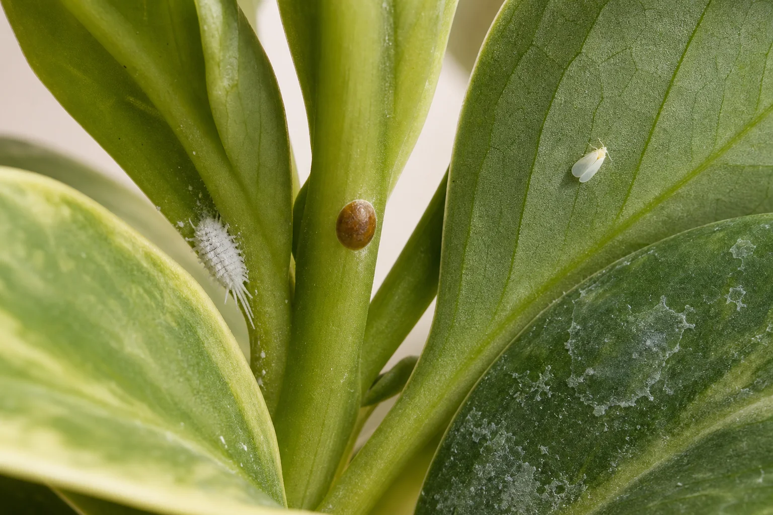 Close macro comparison of a cottony mealybug, a fixed brown soft scale insect, a small winged whitefly, and white mineral residue on houseplant leaves