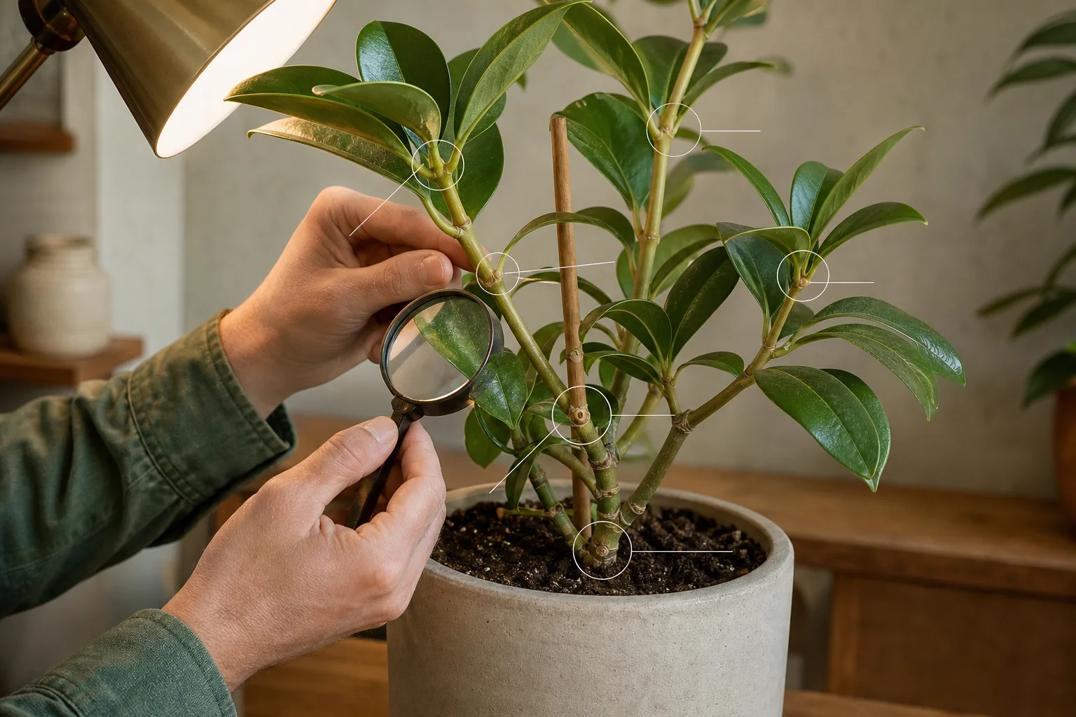 Hands using a magnifier and bright lamp to inspect leaf axils, petiole bases, the crown, and stem joints of an isolated houseplant