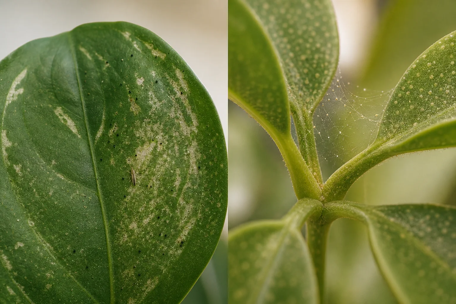 Side-by-side comparison of thrips silver scarring and black frass with spider-mite stippling and fine webbing