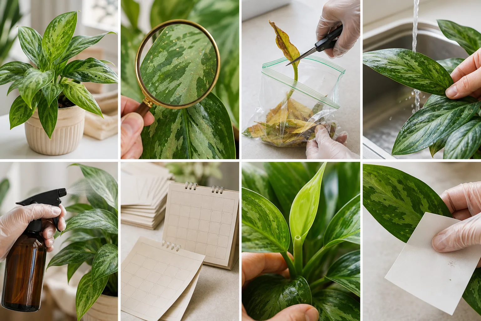 Indoor thrips treatment workflow followed by inspection of new leaves and a white-paper tap test after two weeks