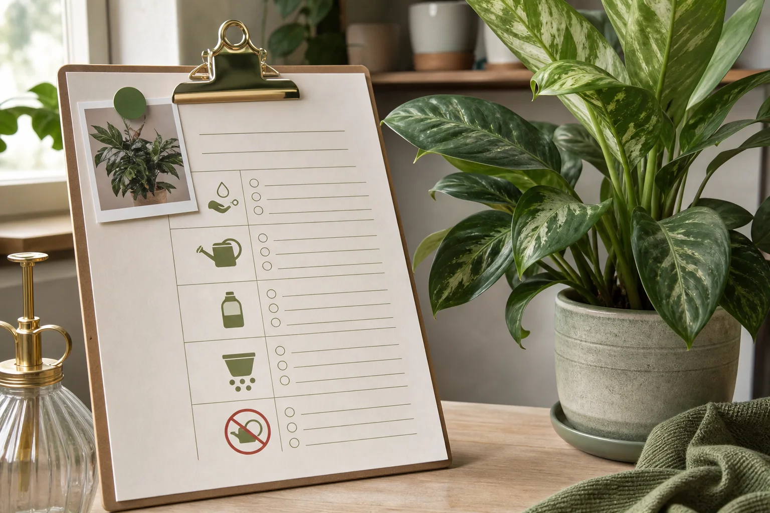 A one-page plant-sitter card beside a houseplant, showing a plant photo and spaces for moisture checks, watering method, amount, and warnings