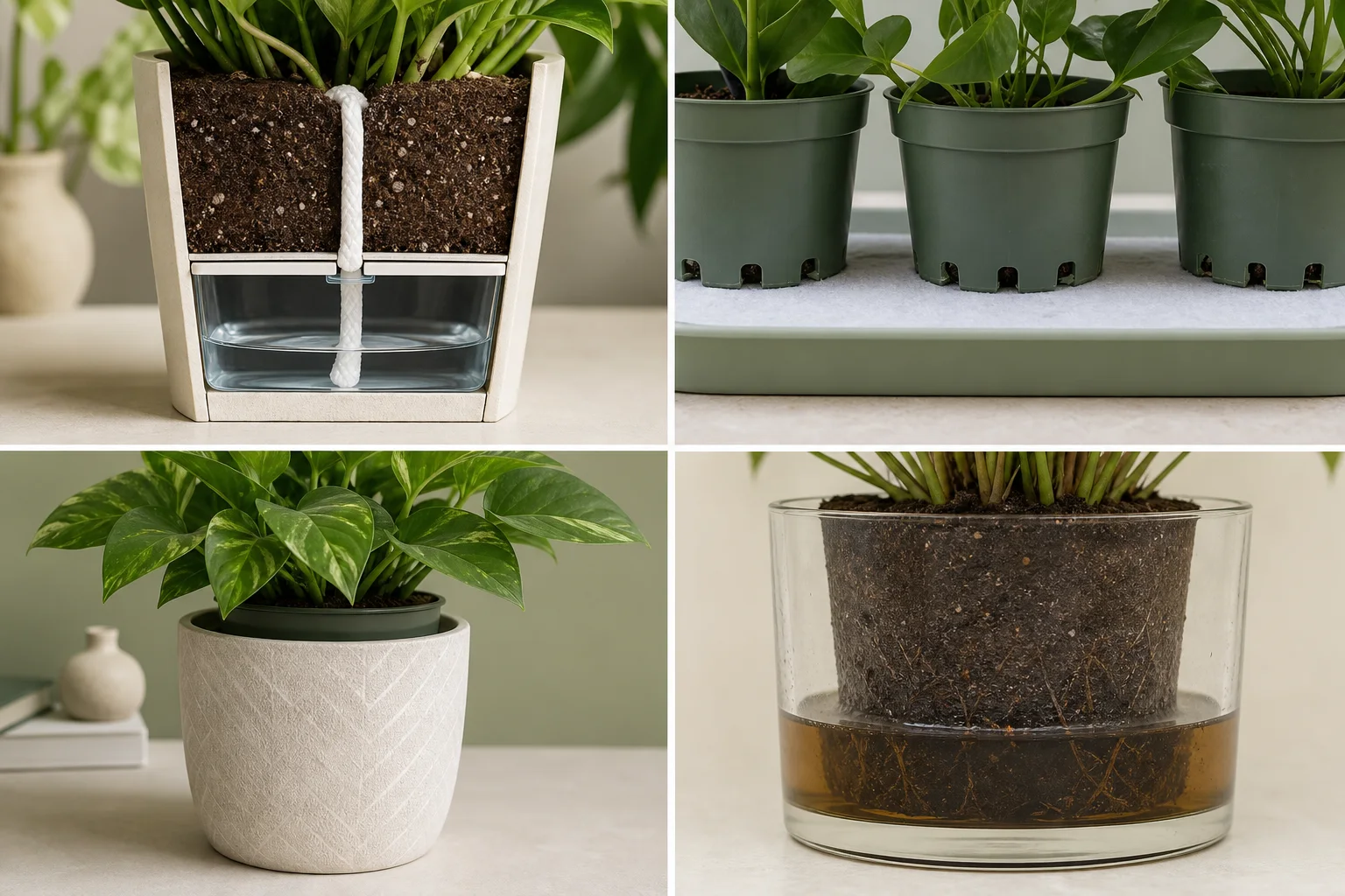 Houseplant vacation watering comparison showing a wick reservoir, pots on capillary matting, a drained nursery pot inside a dry cachepot, and an unsuitable pot standing in water