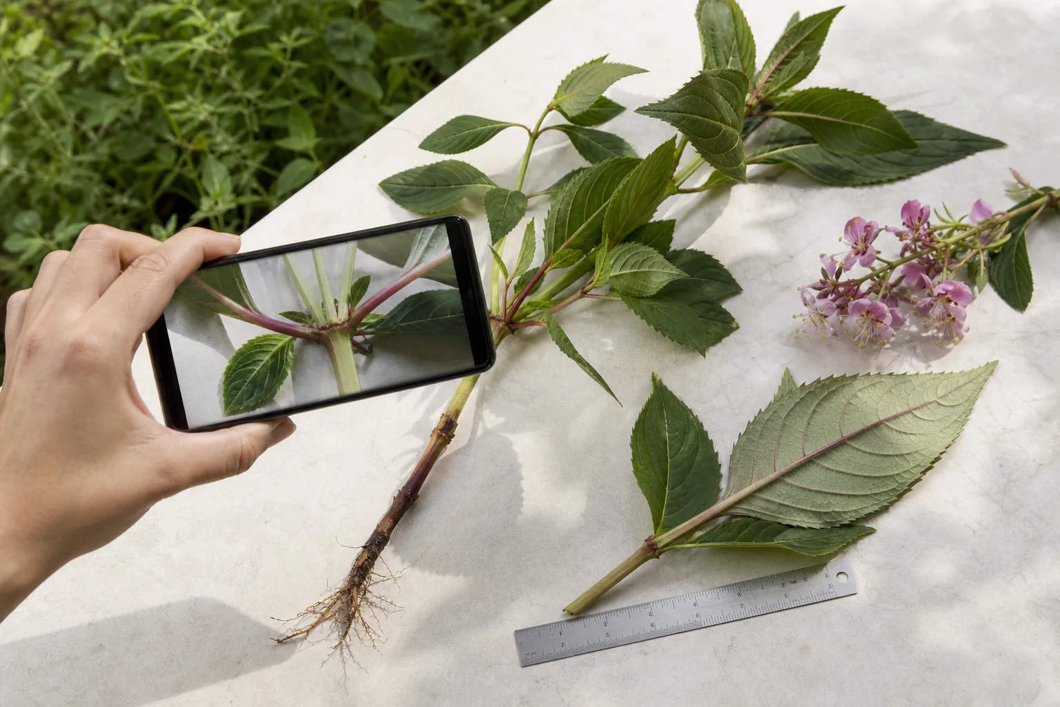 Photographer capturing the whole plant, leaf attachment, leaf underside, stem, and flower of one specimen with a smartphone