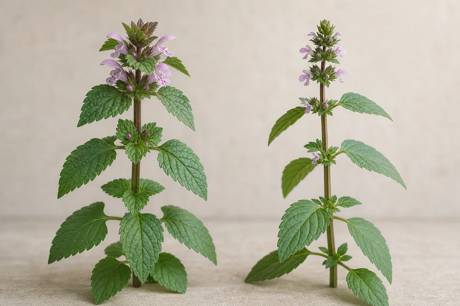 Two similar-looking plants placed side by side, with clear differences in leaf arrangement, stem texture, and flower structure