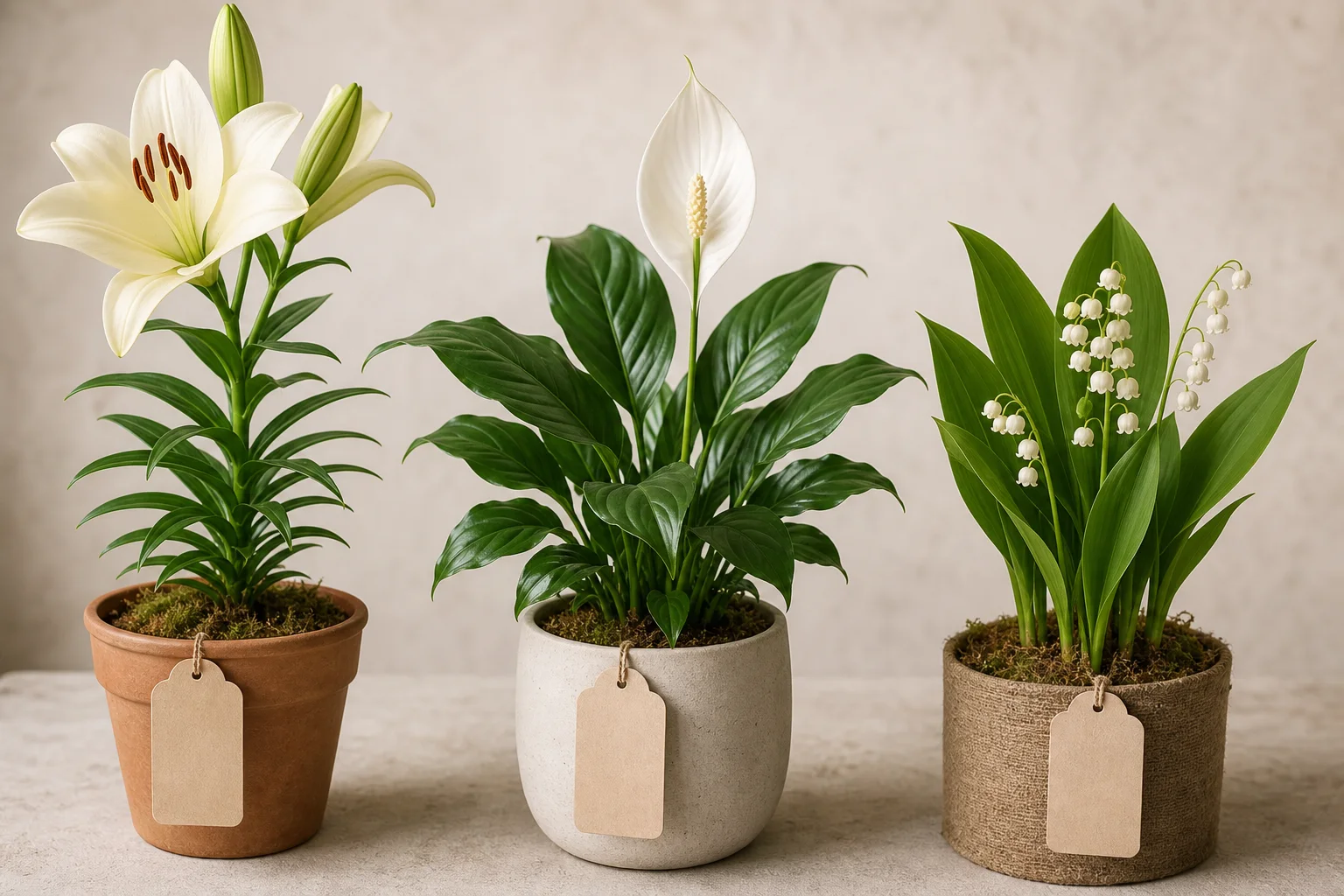 Botanical comparison of a true lily, peace lily, and lily of the valley showing that similarly named plants can look and behave differently
