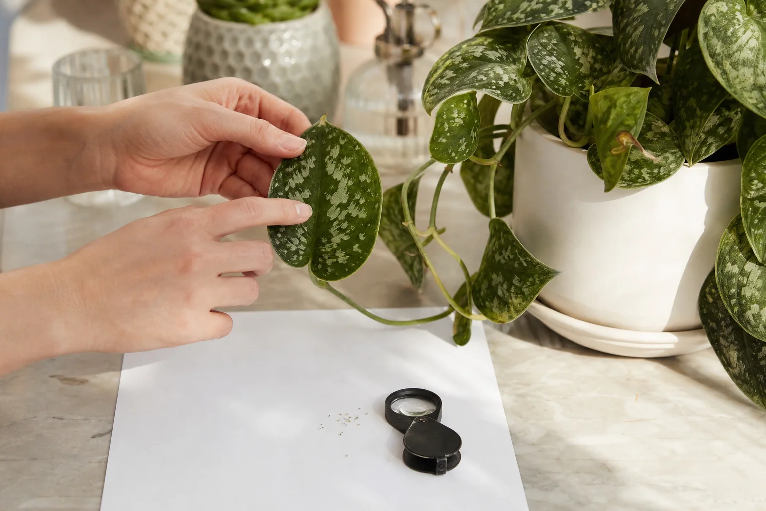 Person tapping a stippled houseplant leaf over white paper and examining tiny fallen specks with a hand lens
