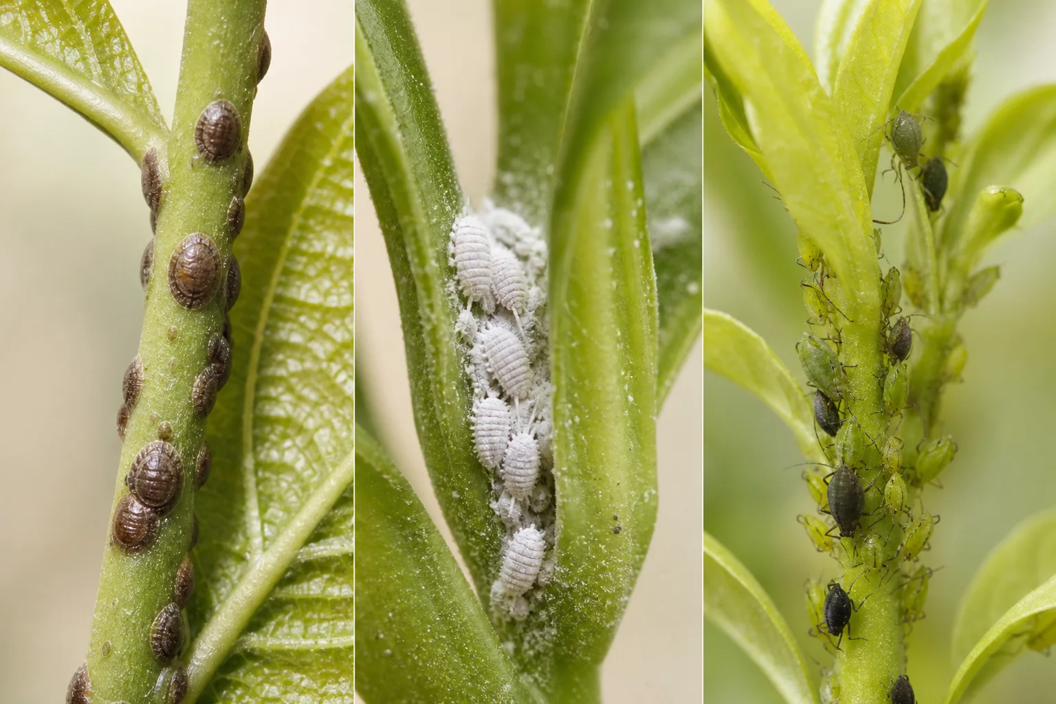 Side-by-side macro views of brown soft scale bumps on a stem, white cottony mealybugs in a leaf axil, and a colony of pear-shaped aphids on tender growth