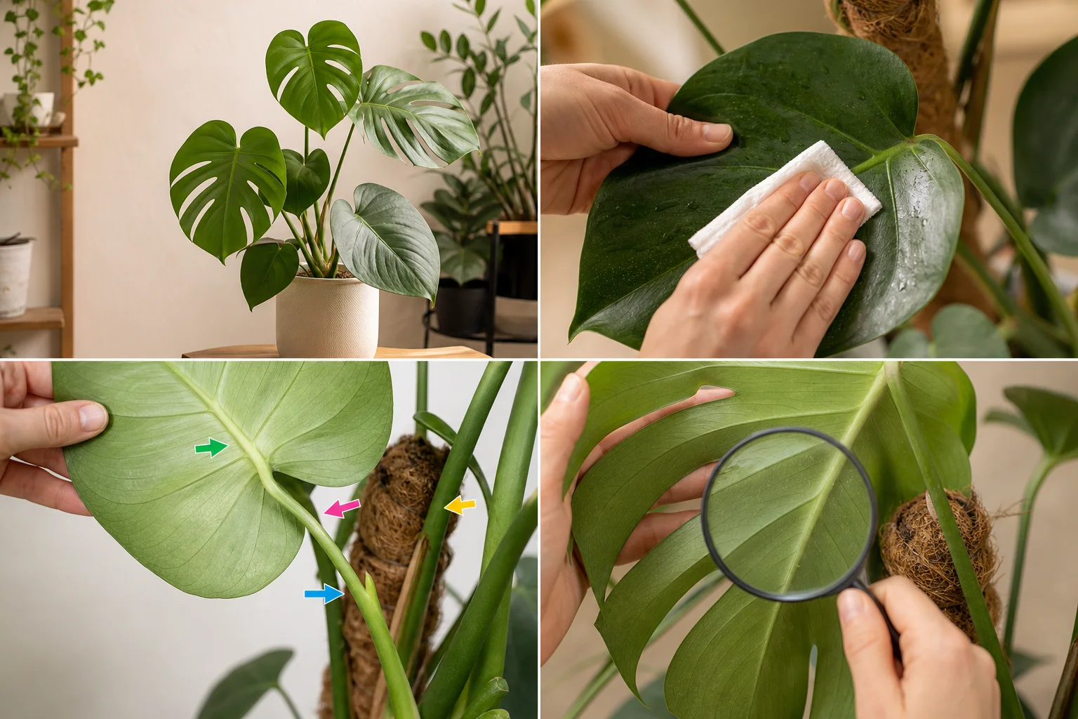 A four-stage visual sequence showing a sticky houseplant moved away from others, leaves wiped clean, undersides and axils inspected with a hand lens, and marked foliage checked again later