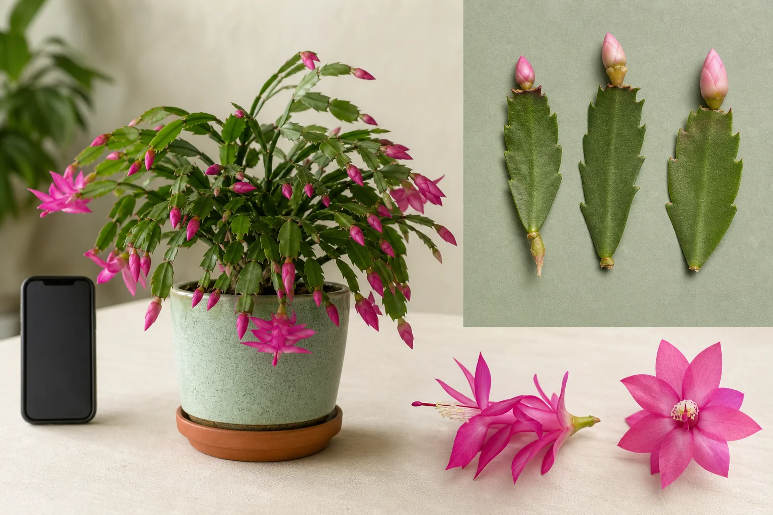 Phone photography setup showing a full holiday cactus and a flat close-up of one in-focus stem segment