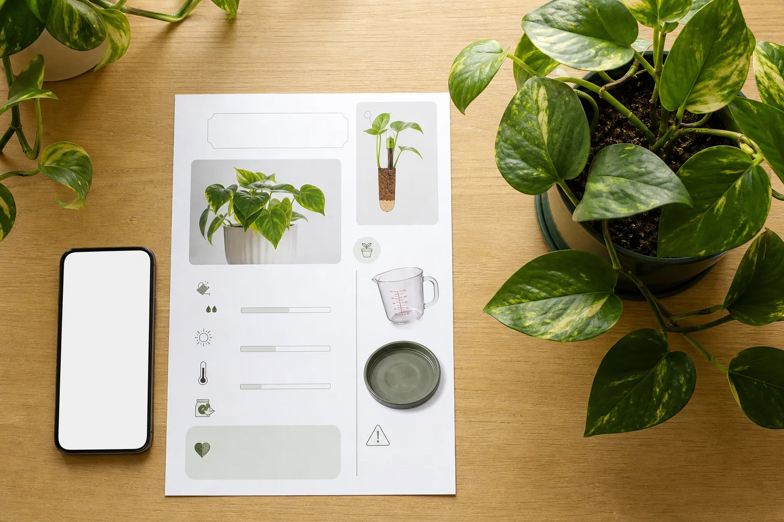 Example one-page plant-sitter care card beside a photographed houseplant, moisture-check tool, measuring cup, and warning marker