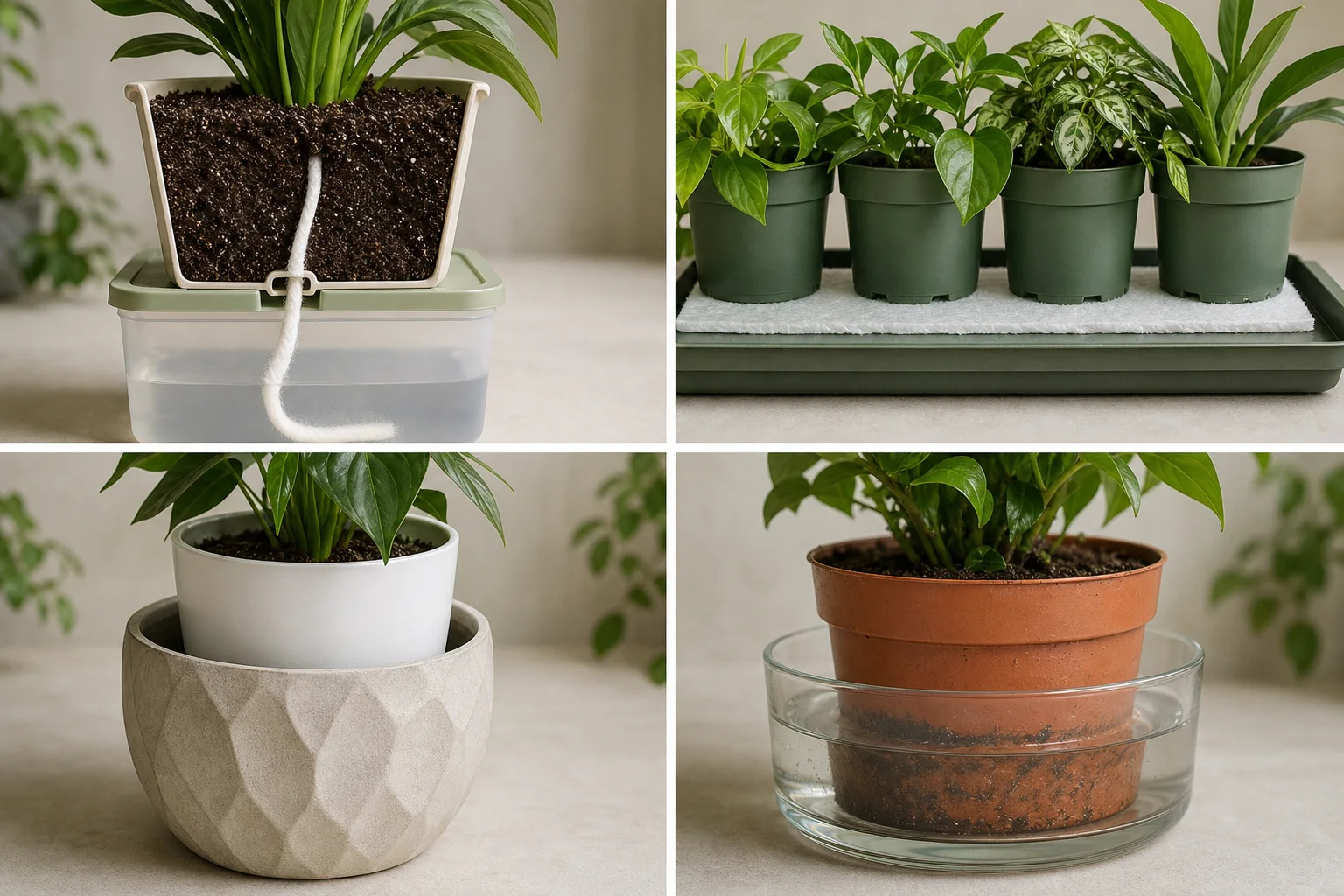 Split botanical setup showing a wick and capillary mat beside a correct nursery pot in an empty cachepot and an unsafe ordinary pot standing in water