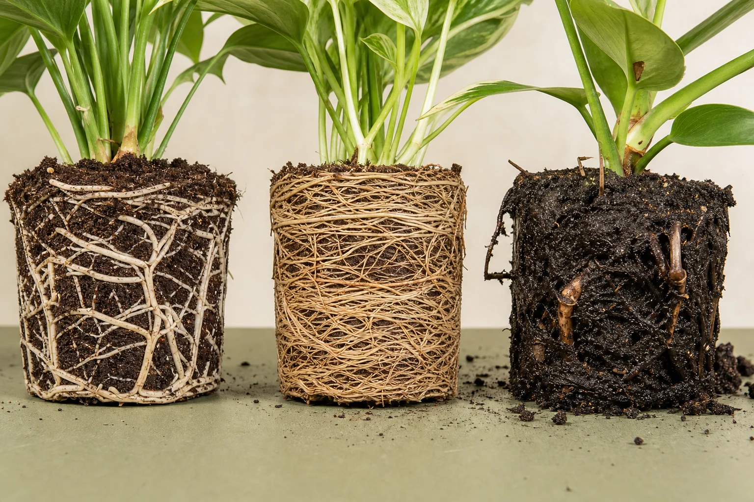Comparison of firm healthy roots, tightly circling root-bound roots, and dark soft decayed roots