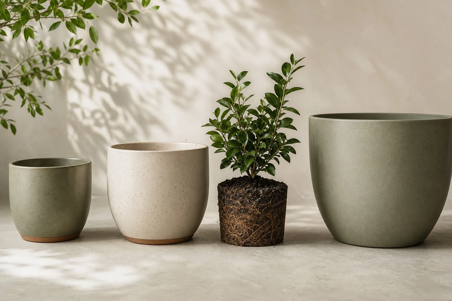 Current houseplant pot beside the correct one-size-up pot and an excessively large pot