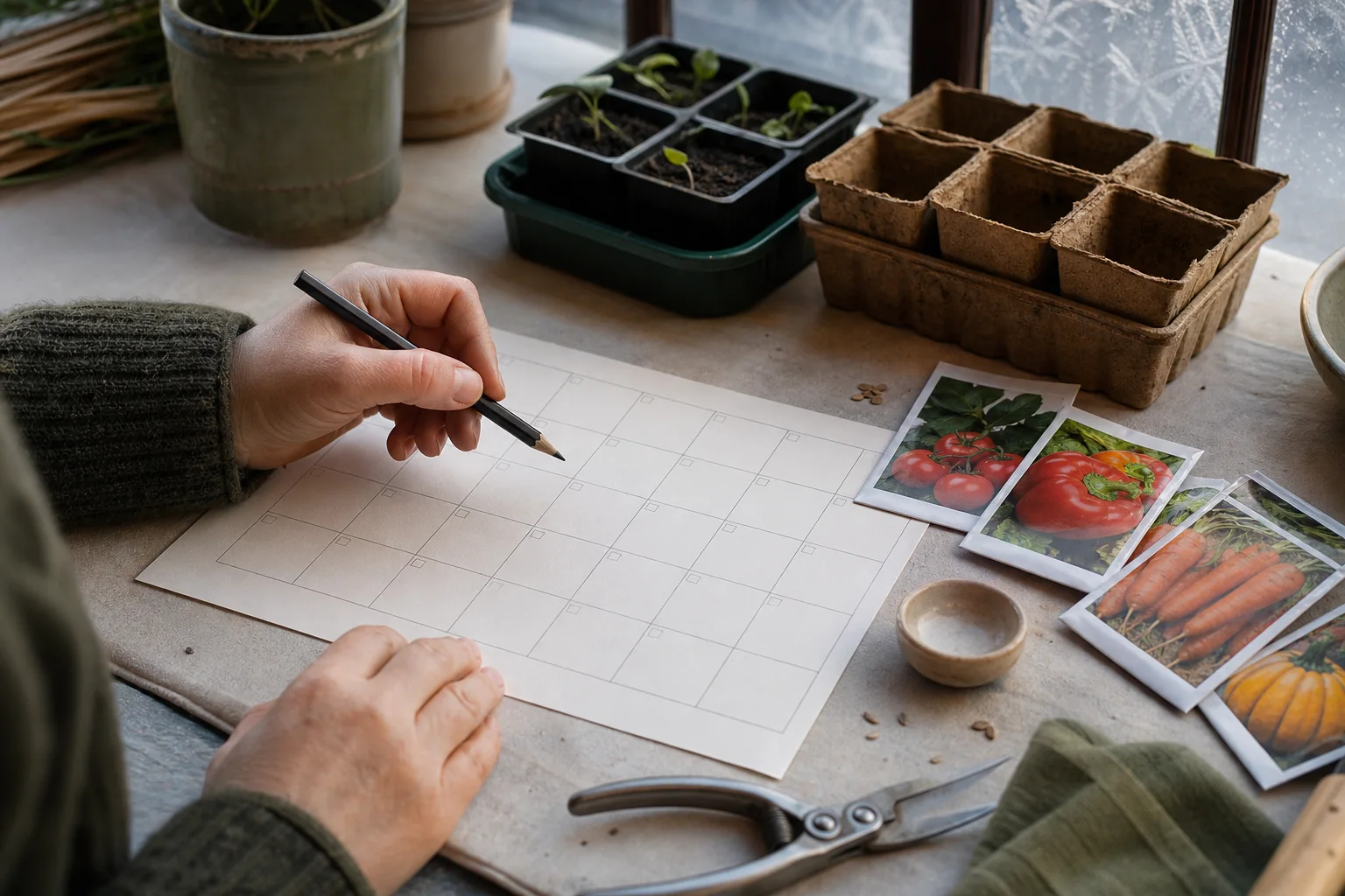 Hands counting backward on an unmarked calendar beside tomato, pepper, carrot, and squash seed packets