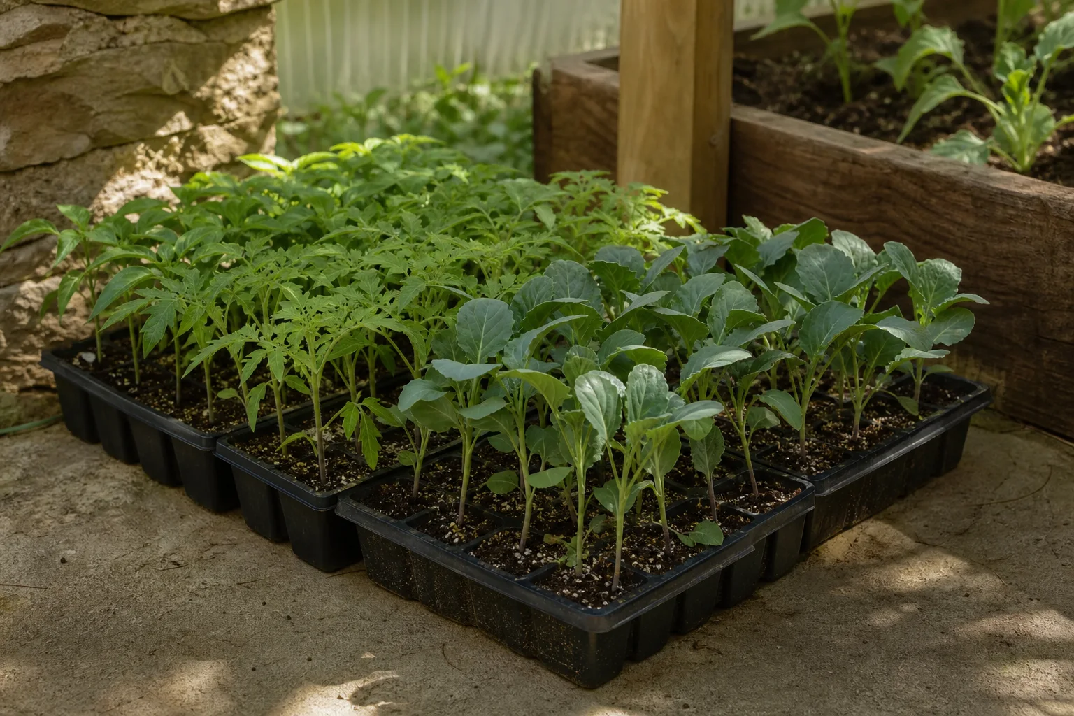 Young vegetable seedlings hardening outdoors in open trays under dappled shade near a sheltered garden bed
