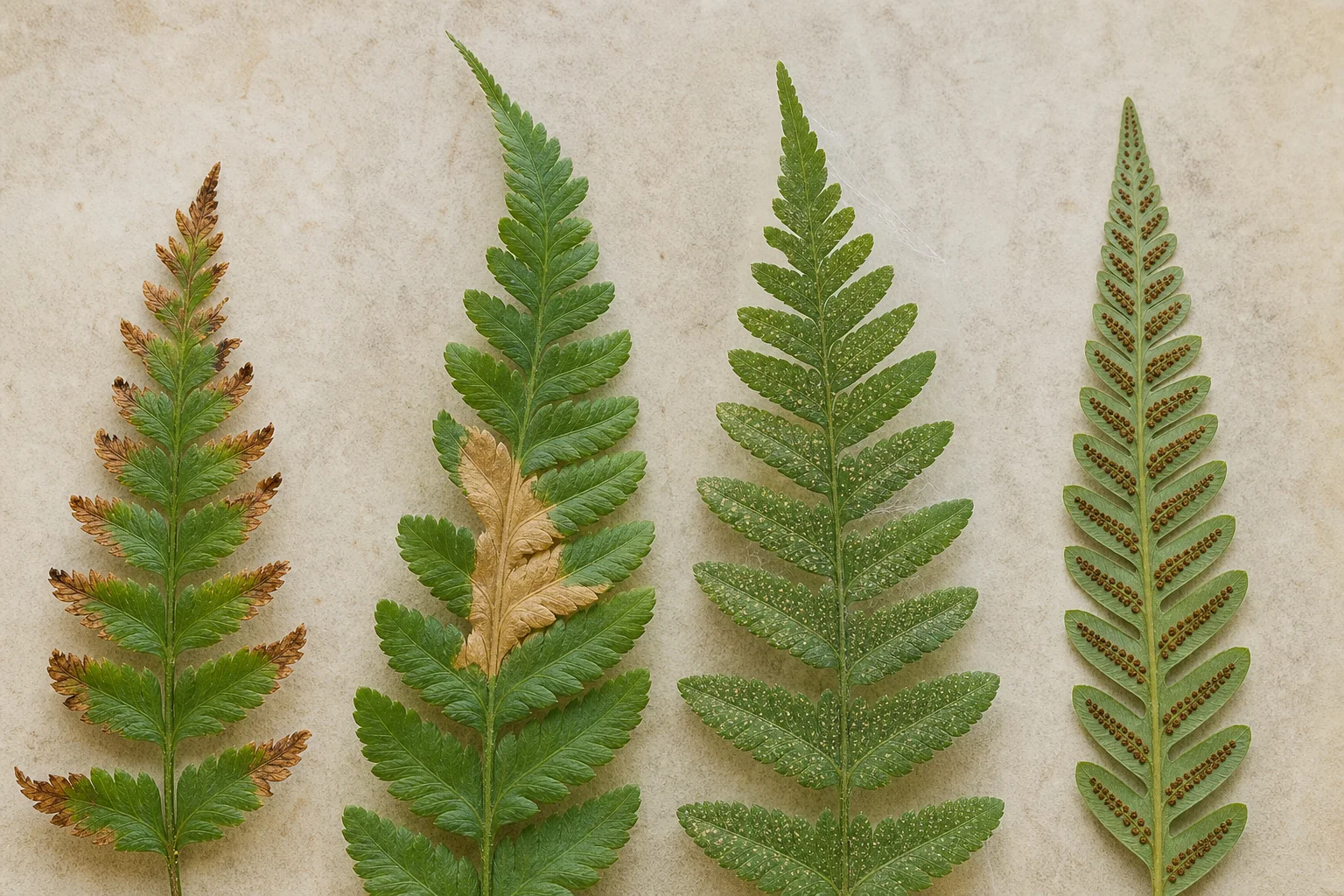 Close comparison of fern fronds showing crispy brown tips, a sun-scorched patch, spider-mite stippling, and orderly brown spore clusters underneath