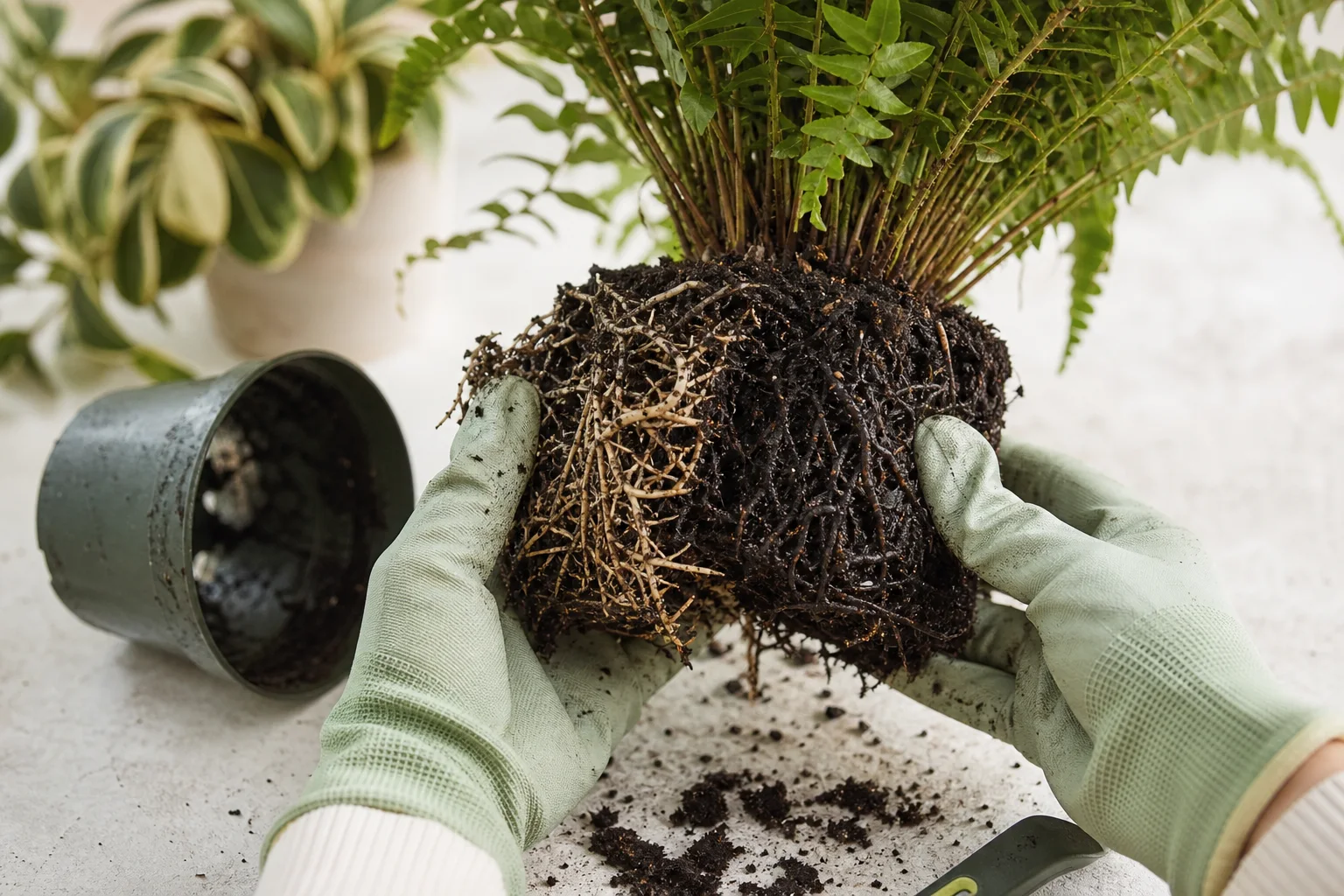 Fern root ball removed from a nursery pot with firm pale roots beside dark soft decayed roots and waterlogged potting mix