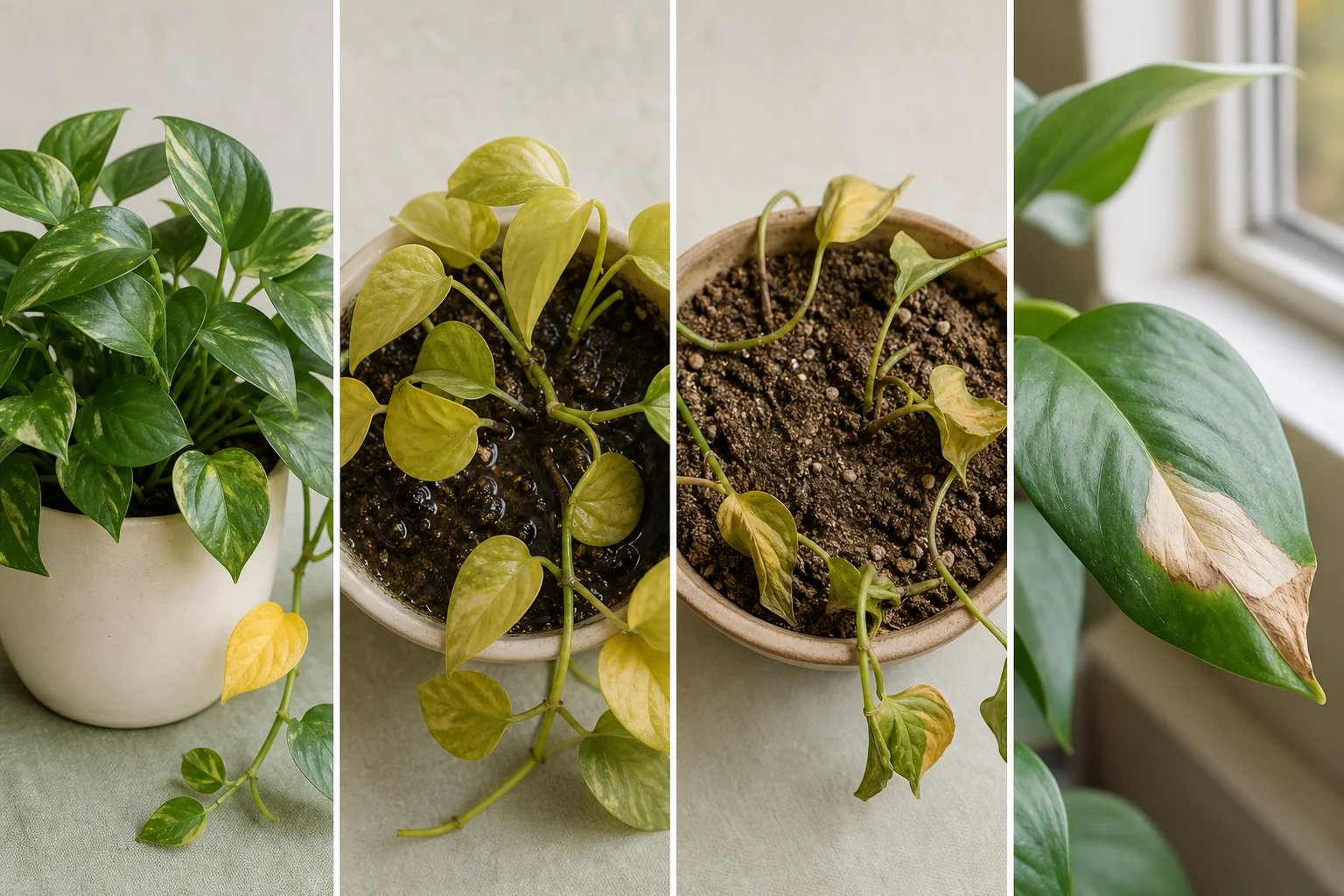 Visual comparison of normal lower-leaf aging, widespread yellowing, and speckled yellow pest damage on houseplants