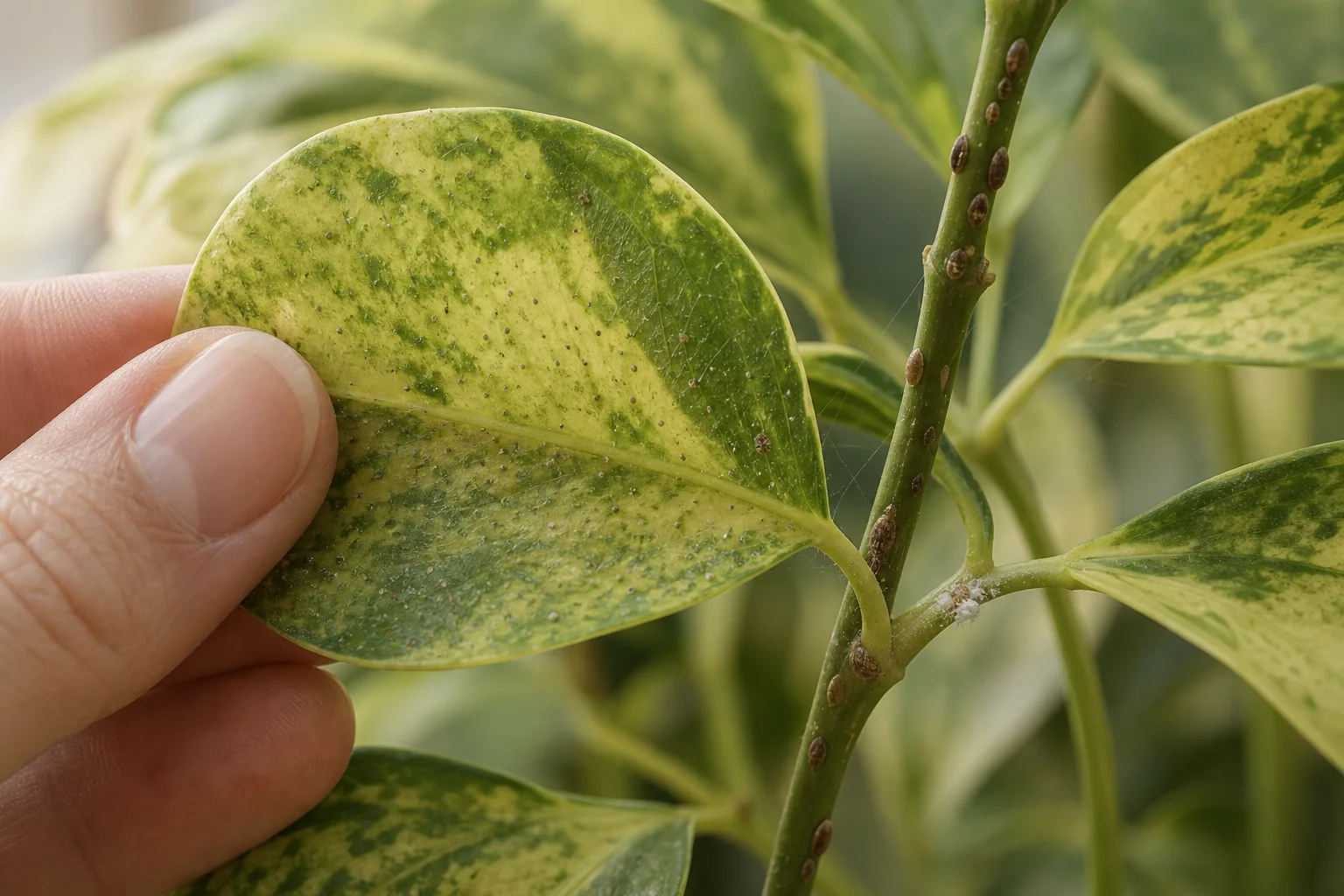 Close-up inspection of a yellow-speckled houseplant leaf showing webbing, scale bumps, and white mealybug clusters