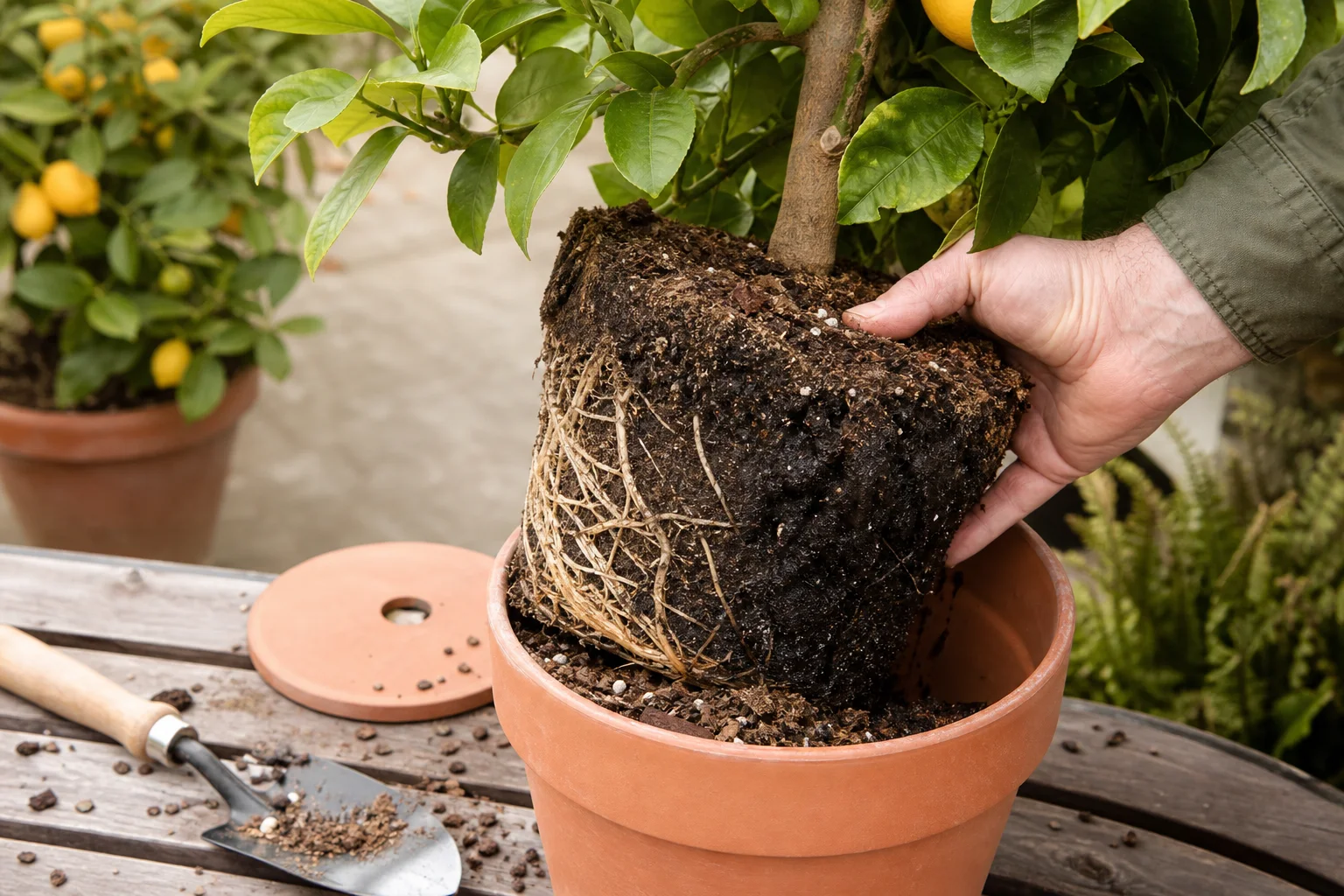 Potted lemon tree lifted partly from its container to show firm pale roots beside dark waterlogged potting mix