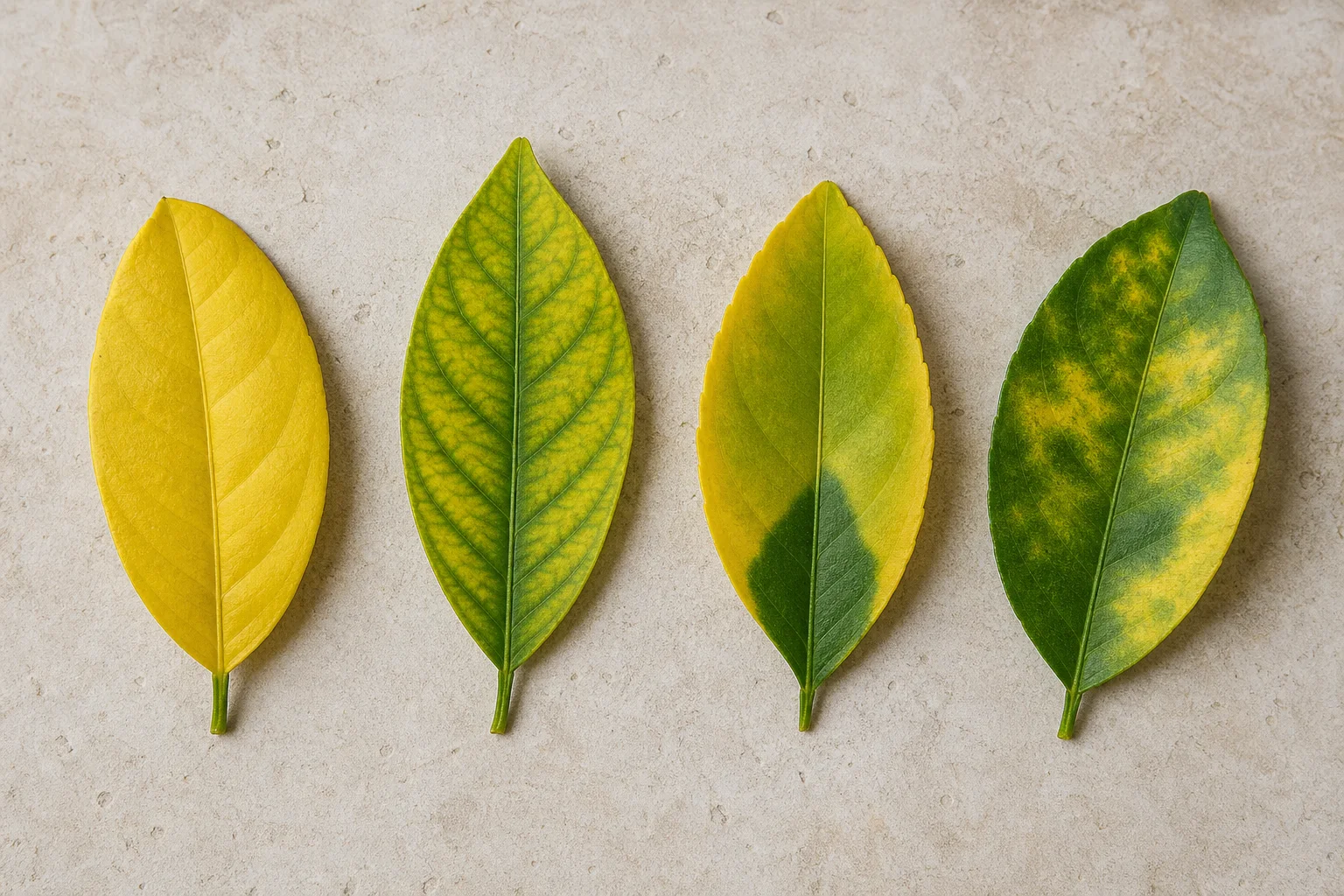 Four lemon leaves arranged naturally to show uniform older-leaf yellowing, green-veined chlorosis, magnesium-style edge yellowing, and irregular blotchy mottling