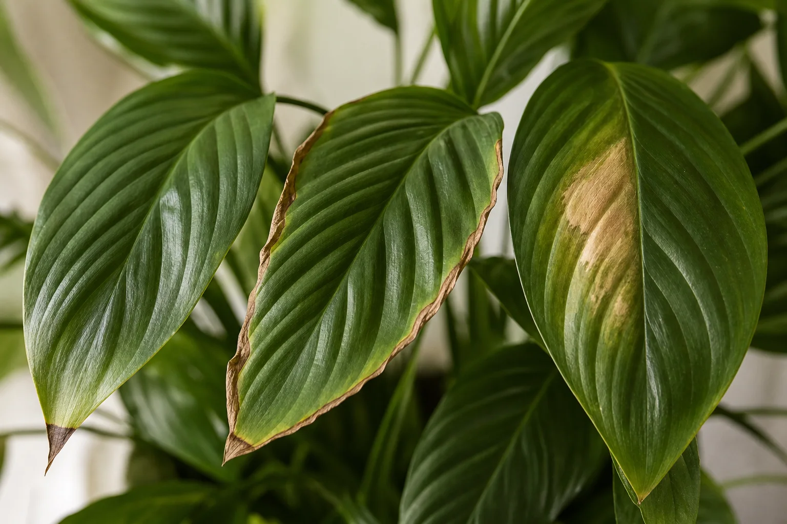 Close view of peace lily leaves showing a brown tip, a crisp edge, and a larger scorched patch