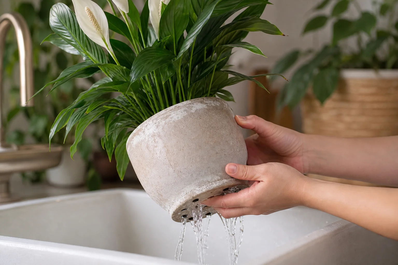 Peace lily pot with light mineral crust on the soil and water draining through the container in a sink
