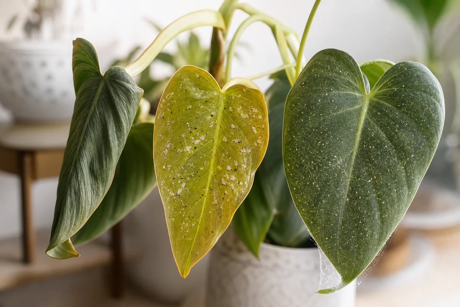 Close comparison of philodendron leaves showing limp dry-soil curl, thrips scarring, and spider-mite stippling