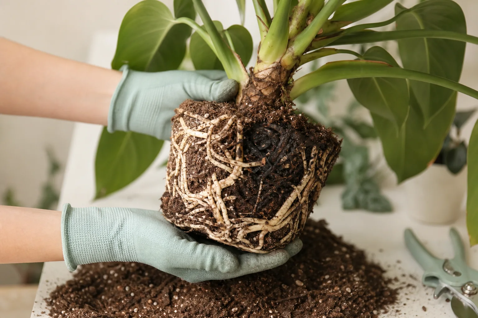 Philodendron root ball removed from its pot with firm pale roots beside dark soft decayed roots