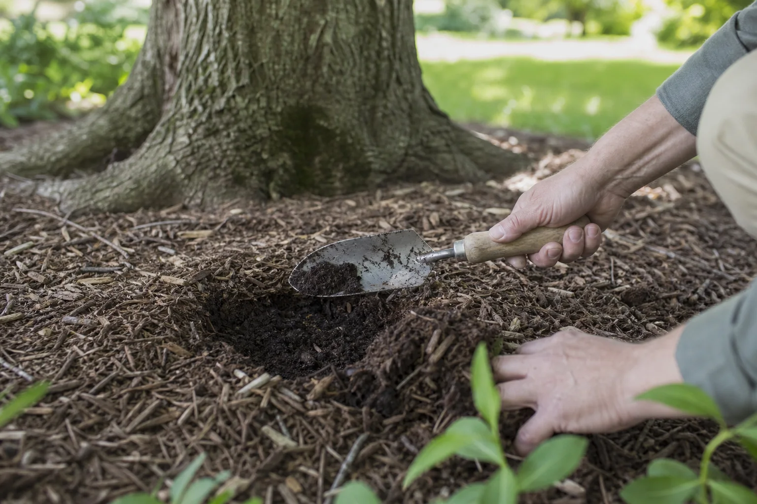 Gardener checking soil moisture beneath a tree canopy with a hand trowel