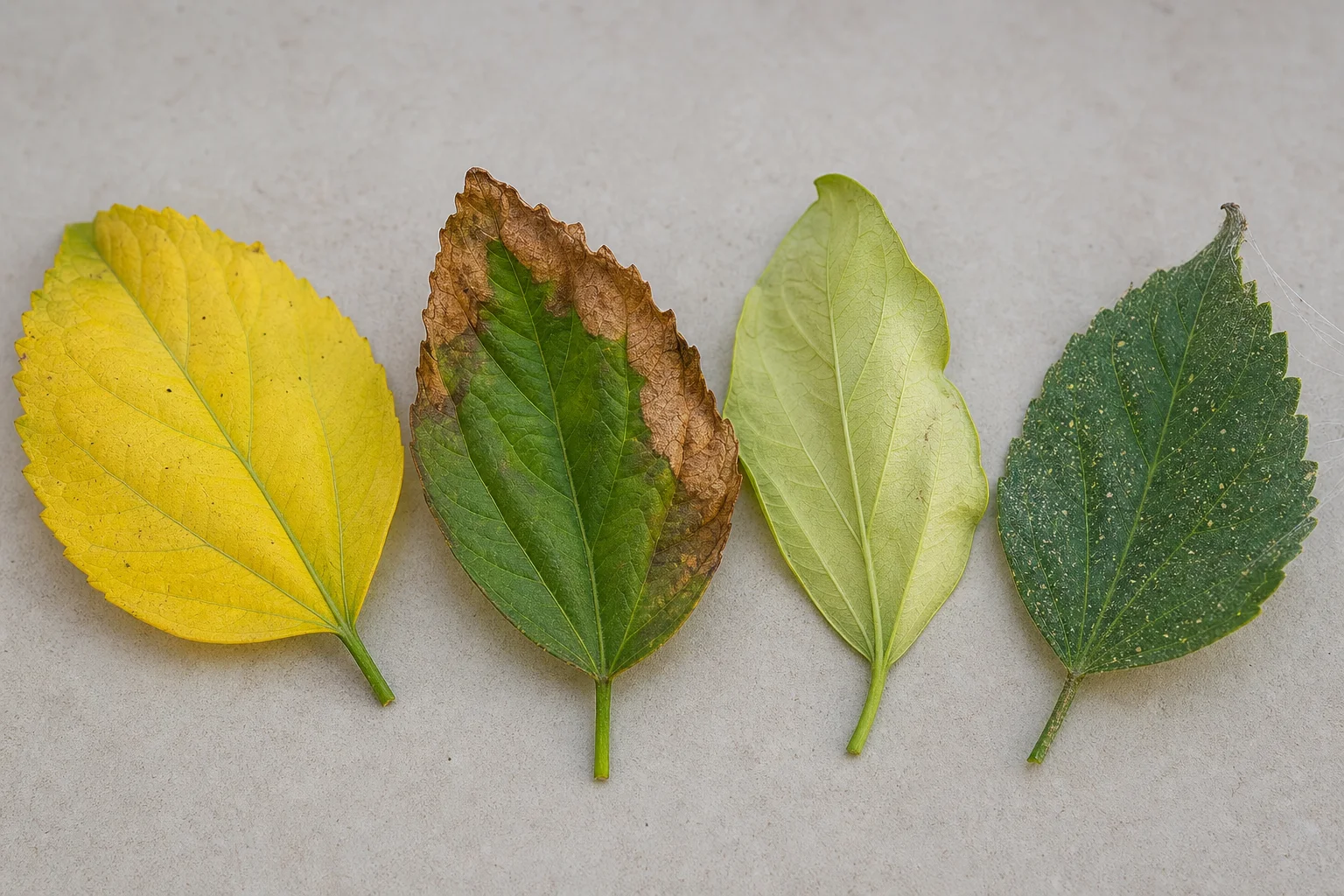 Comparison of common yellow-leaf patterns on tropical hibiscus foliage