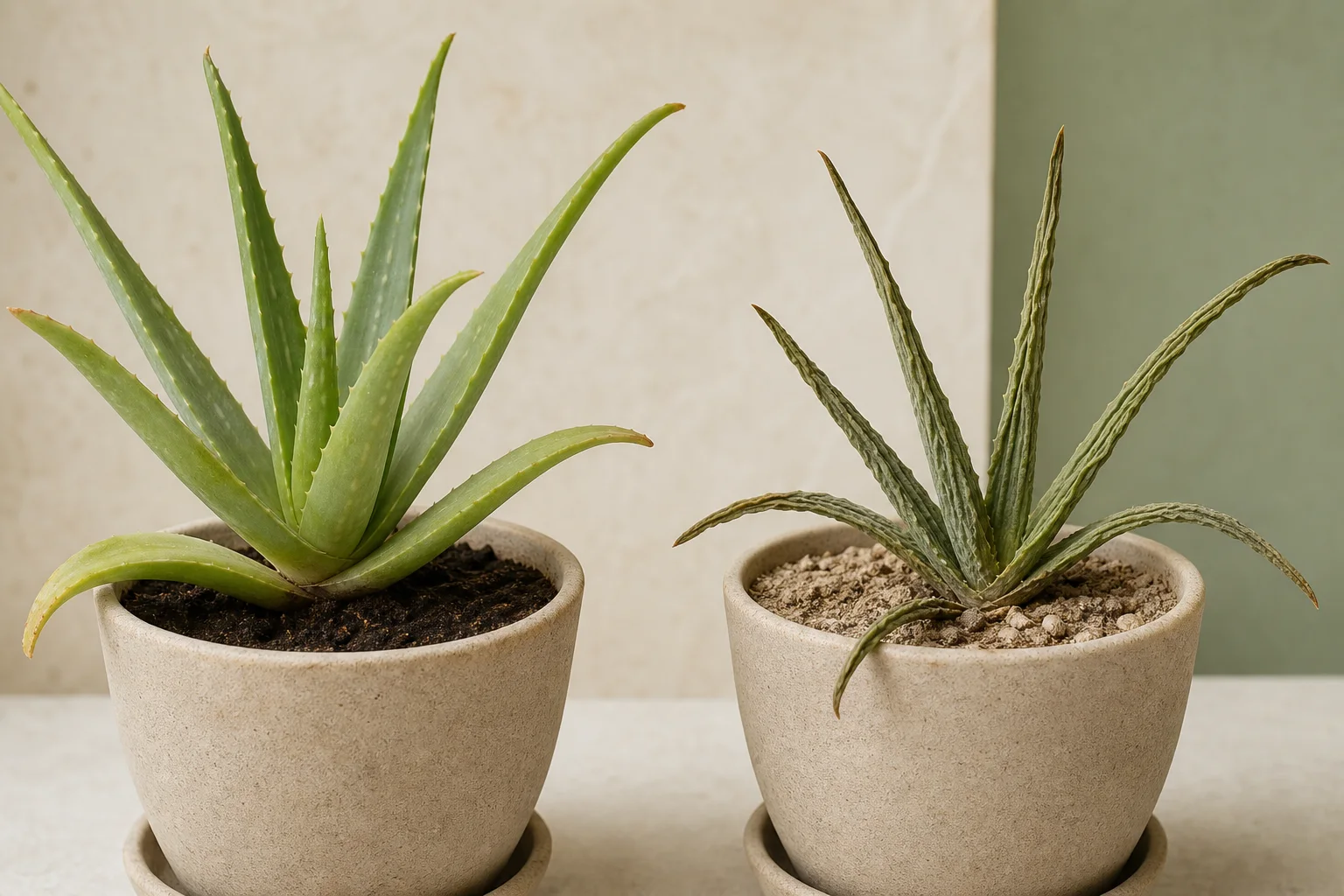 Comparison of an overwatered aloe with soft yellow leaves and an underwatered aloe with thin wrinkled leaves