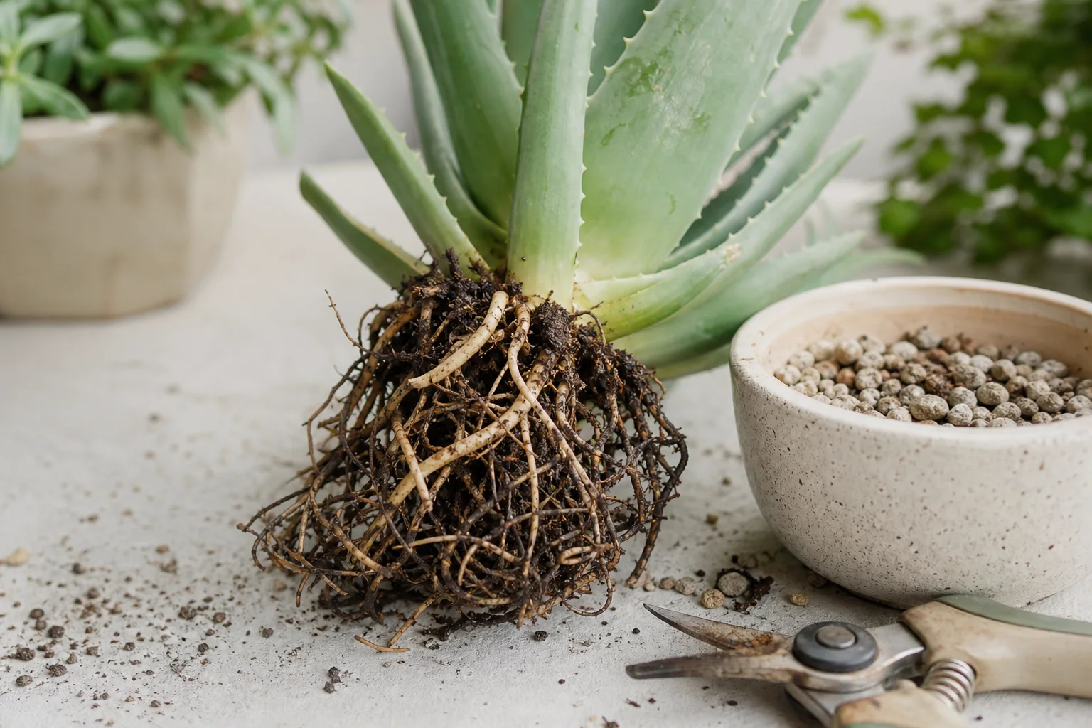 Aloe root inspection showing firm pale roots beside dark soft damaged roots and a small well-drained replacement pot