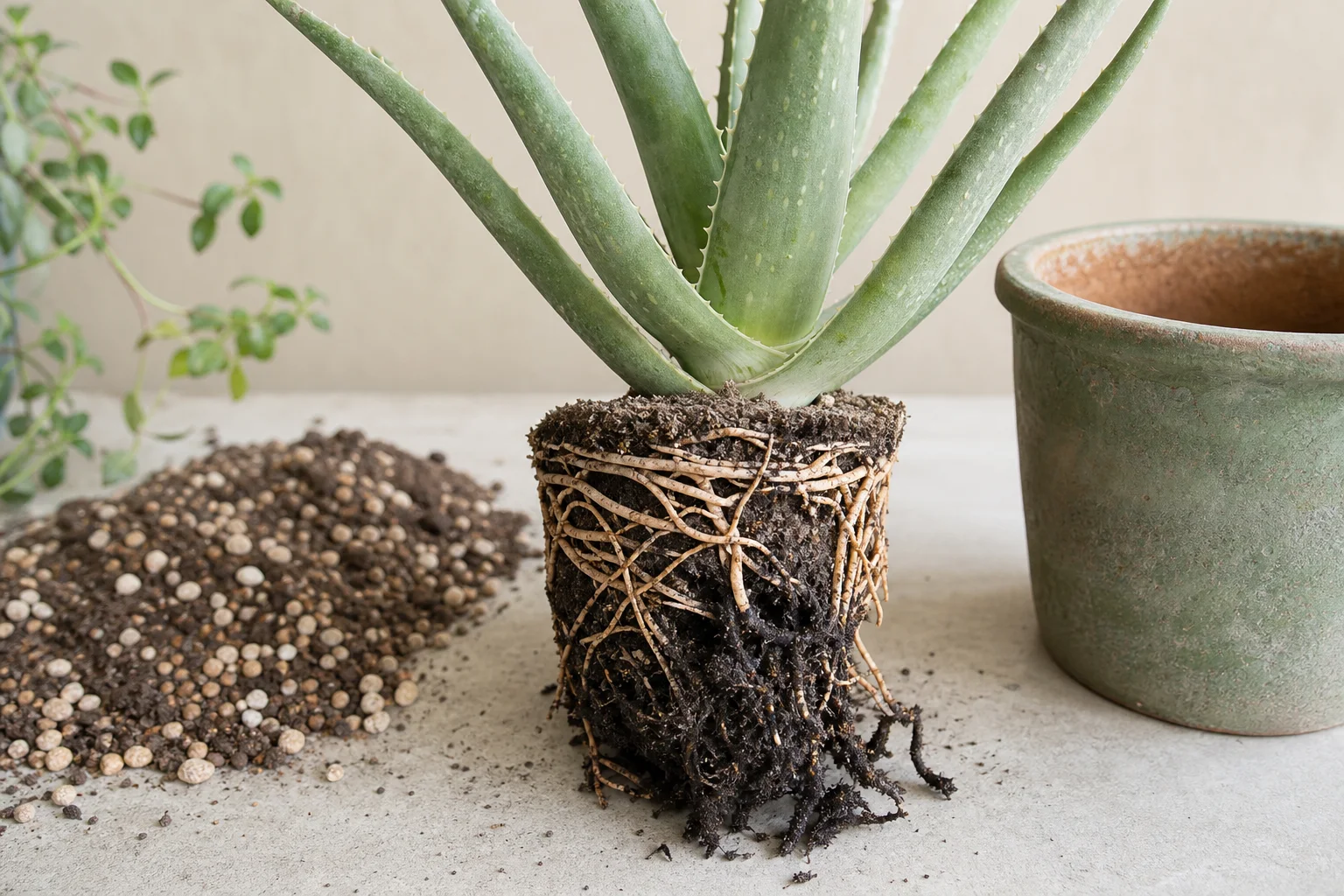 Aloe vera removed from its pot for comparison of firm roots and dark deteriorating roots