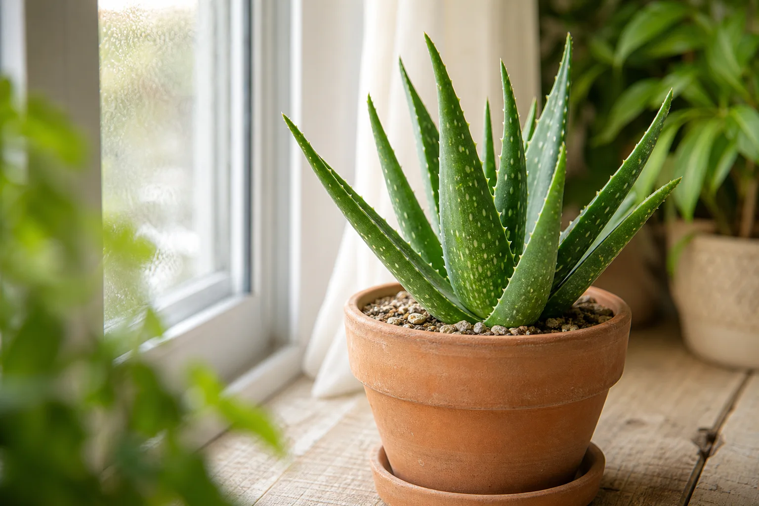 Healthy potted aloe vera near a bright window with filtered sunlight and space between leaves and cold glass