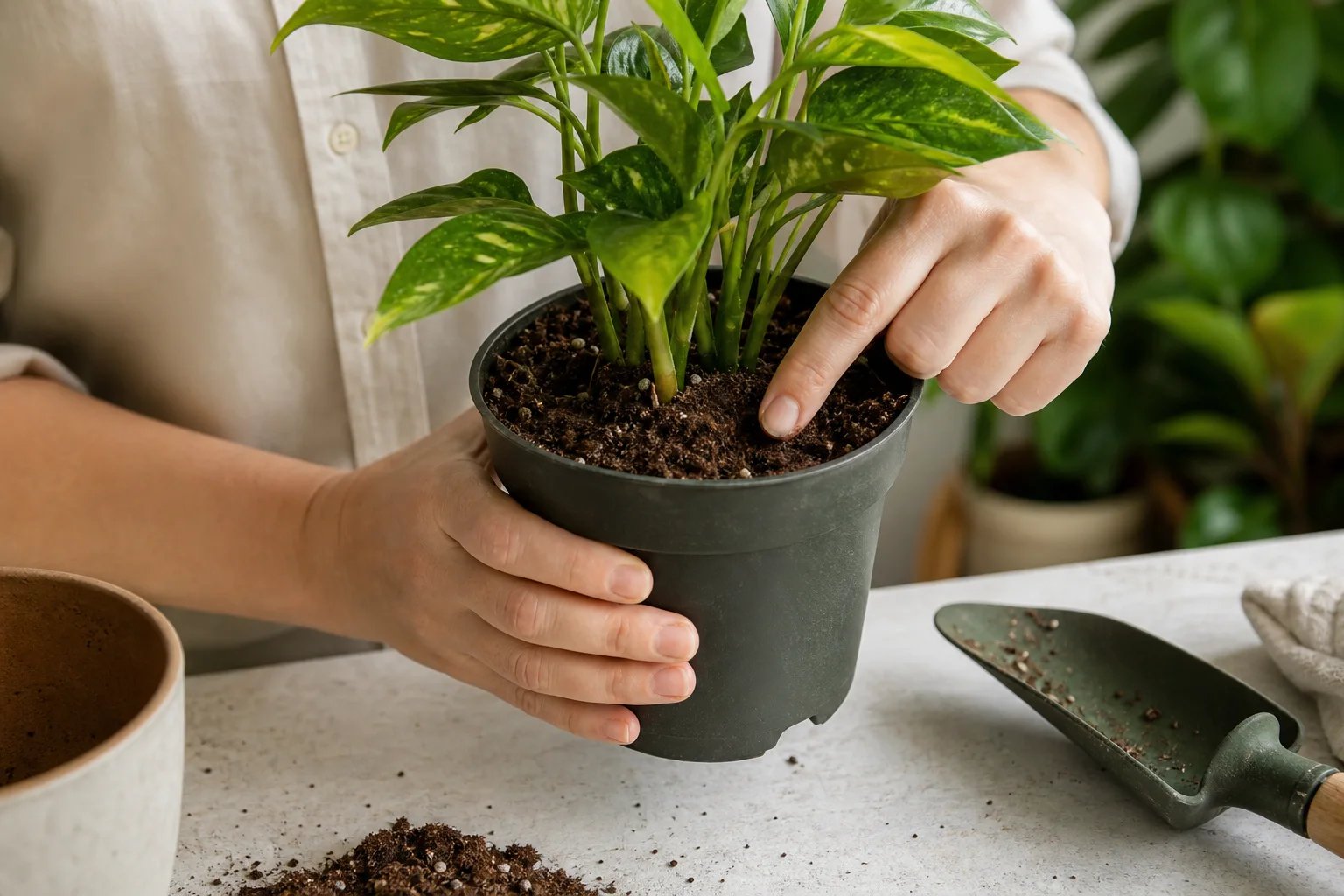 Hands comparing the weight of two nursery pots and testing potting mix moisture with a finger