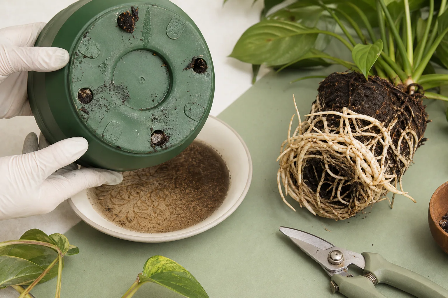 Houseplant drainage and root health checklist showing open drainage holes, standing saucer water, and firm versus mushy roots