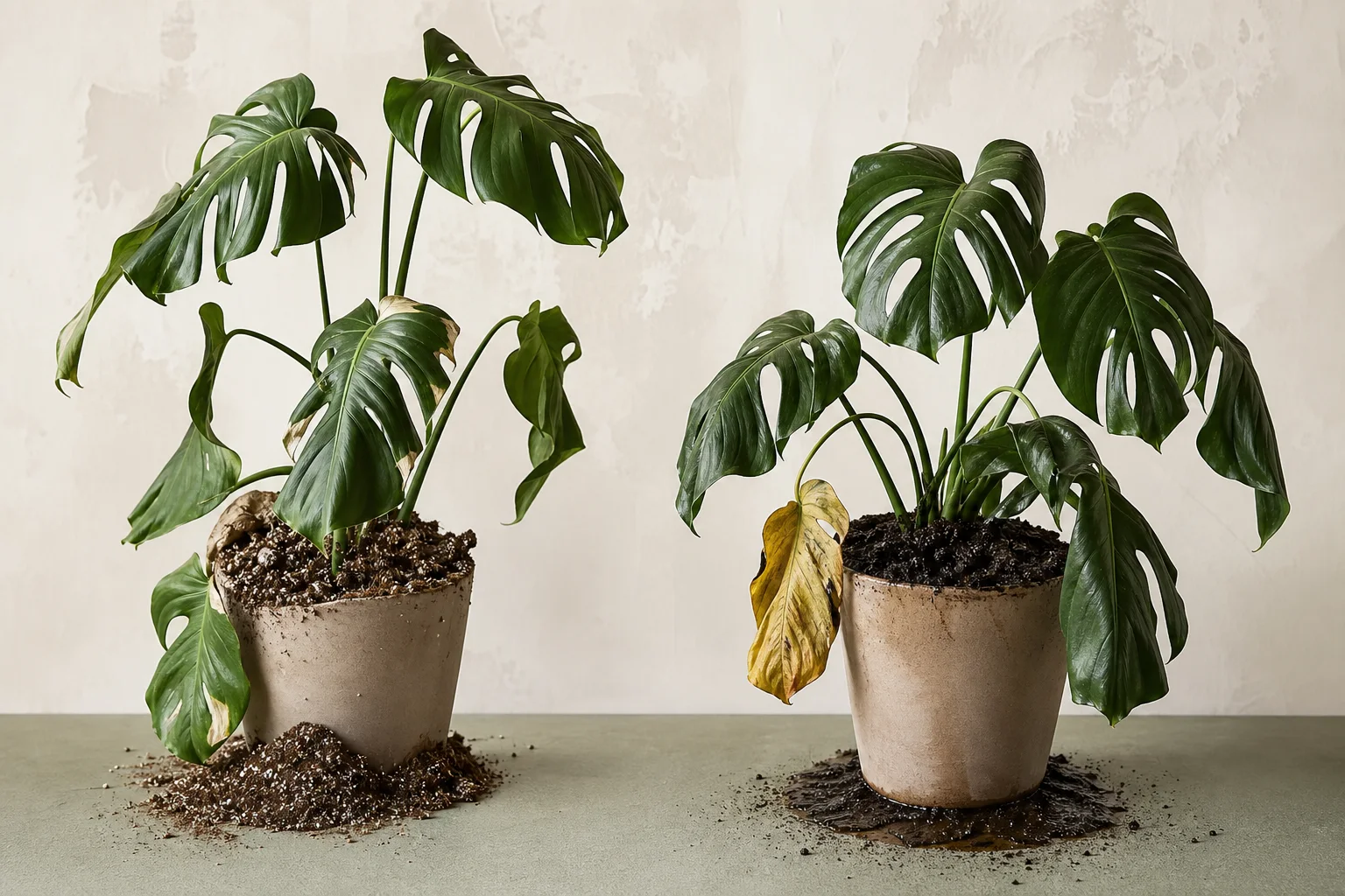 Comparison of dry-soil and wet-soil symptoms on two drooping Monstera plants