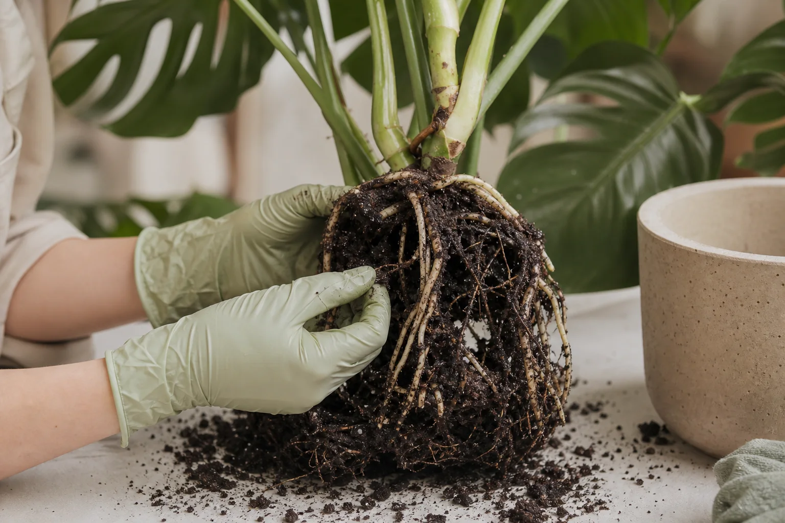 Healthy firm Monstera roots beside dark soft roots affected by prolonged wet soil