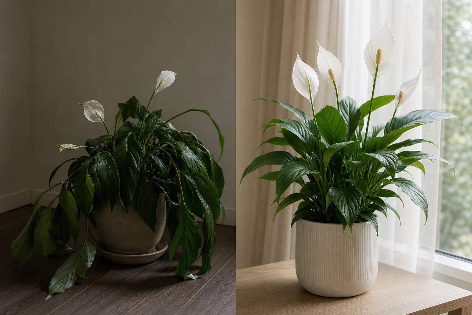 Two peace lilies compared in a dim corner and beside a sheer-curtained window with bright indirect light