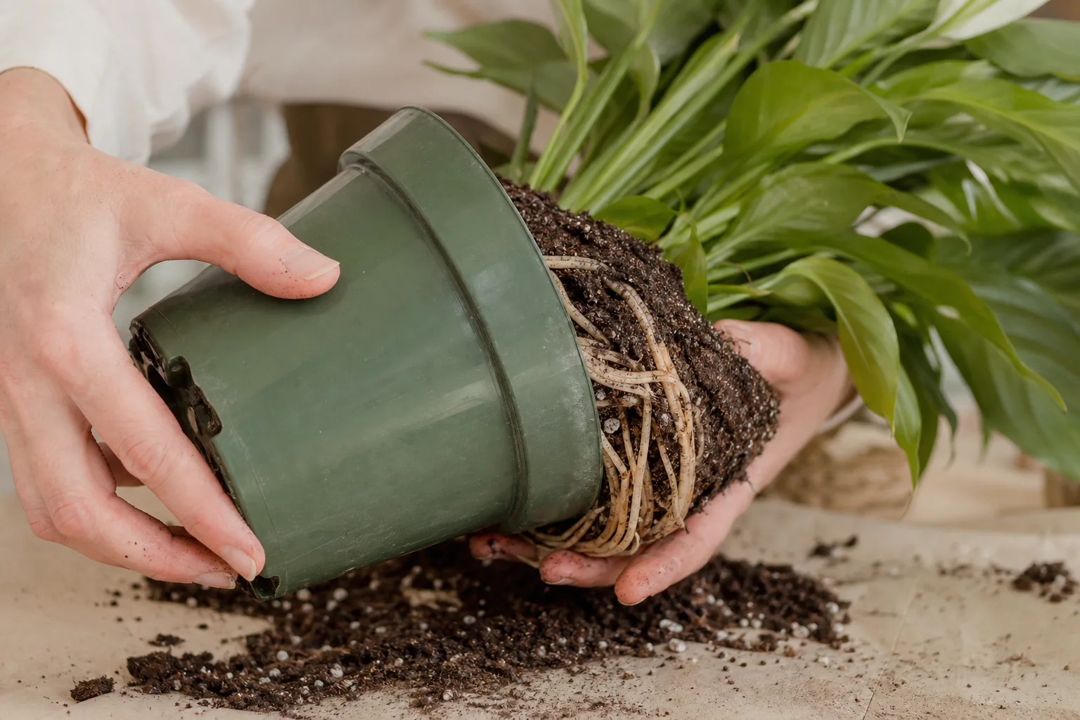 Peace lily root ball being gently removed from a nursery pot to inspect firm roots and moist potting mix