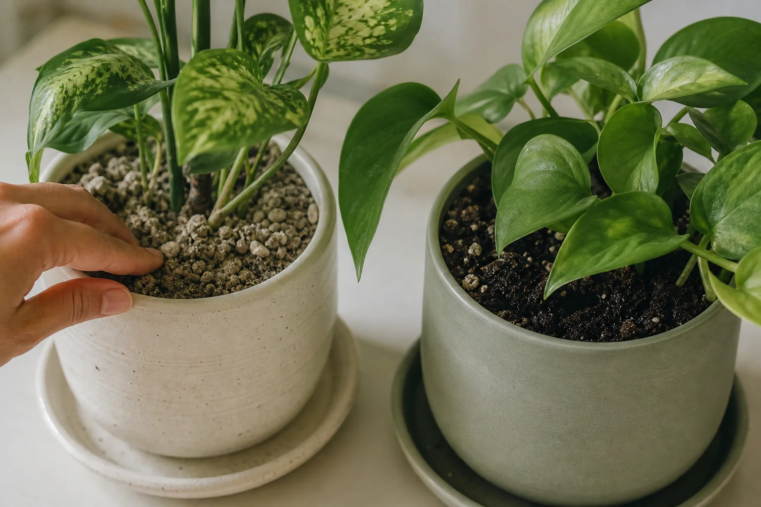 Hand comparing dry crumbly potting mix with dark wet potting mix around two potted plants
