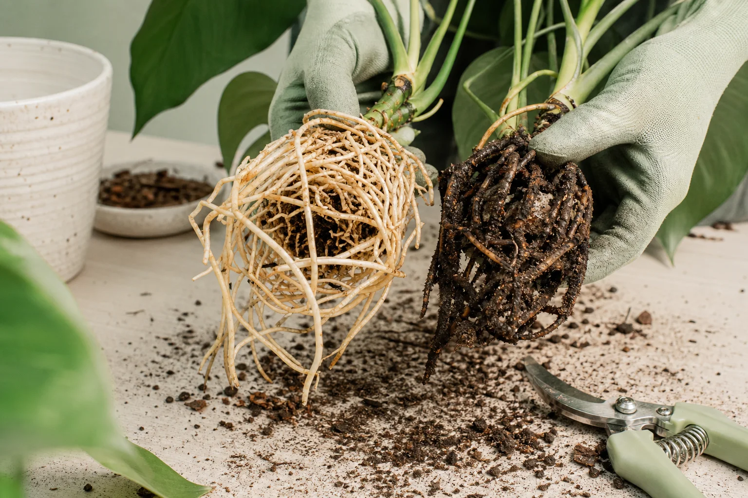 Close-up comparison of firm pale houseplant roots and dark softened roots during inspection